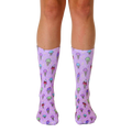 A pair of lavender crew socks with a whimsical pattern of colorful ice cream cones and sprinkles. [lf]