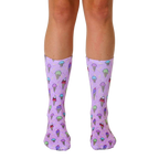 A pair of lavender crew socks with a whimsical pattern of colorful ice cream cones and sprinkles. [lf]