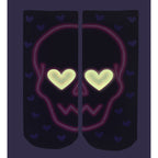 Close-up of the Love Skull Glow socks in the dark, showing the glow-in-the-dark effect. [lf]