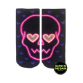 Low cut socks in black with neon pink skull and purple hearts.  Glow in the dark hearts for eyes.