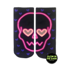 Low cut socks in black with neon pink skull and purple hearts.  Glow in the dark hearts for eyes.