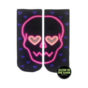 Low cut socks in black with neon pink skull and purple hearts.  Glow in the dark hearts for eyes.
