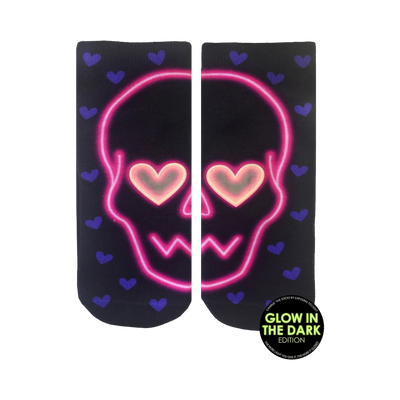 Low cut socks in black with neon pink skull and purple hearts.  Glow in the dark hearts for eyes.