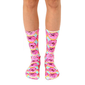 pink donut pattern crew socks for men and women available in a variety of sizes.  