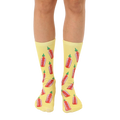 Crew socks in yellow with a repeating pattern of red and green hot sauce bottles. Fun and quirky design. [lf]