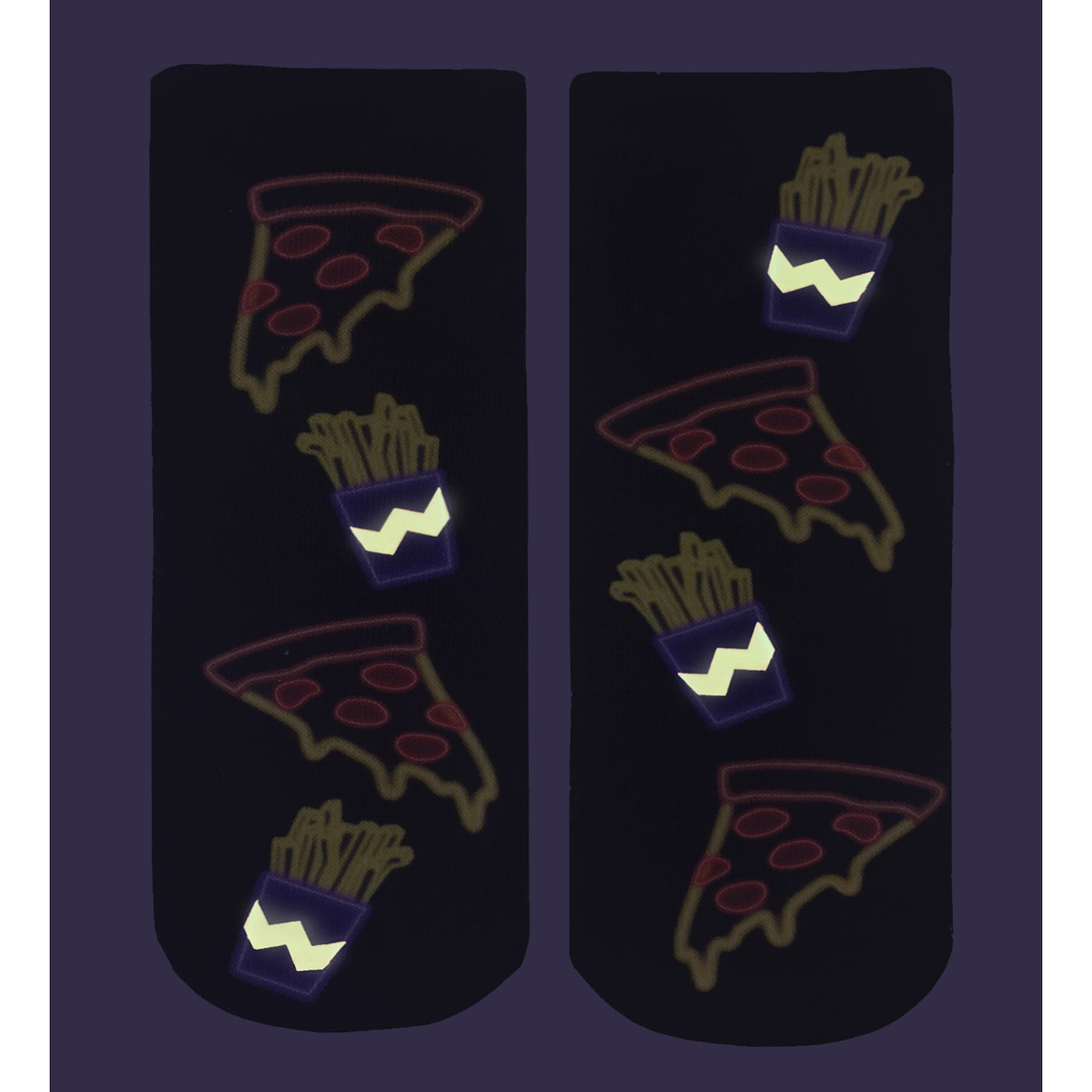 Close-up shot showing the socks' glow-in-the-dark effect in low lighting; pizza and fries designs are bright neon colors. [lf]