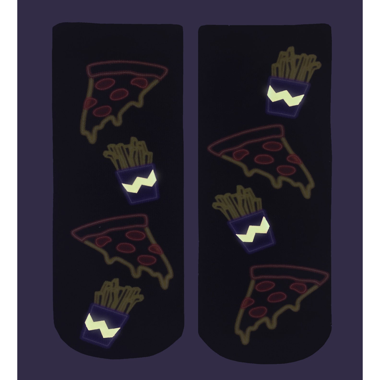 Close-up shot showing the socks' glow-in-the-dark effect in low lighting; pizza and fries designs are bright neon colors. [lf]