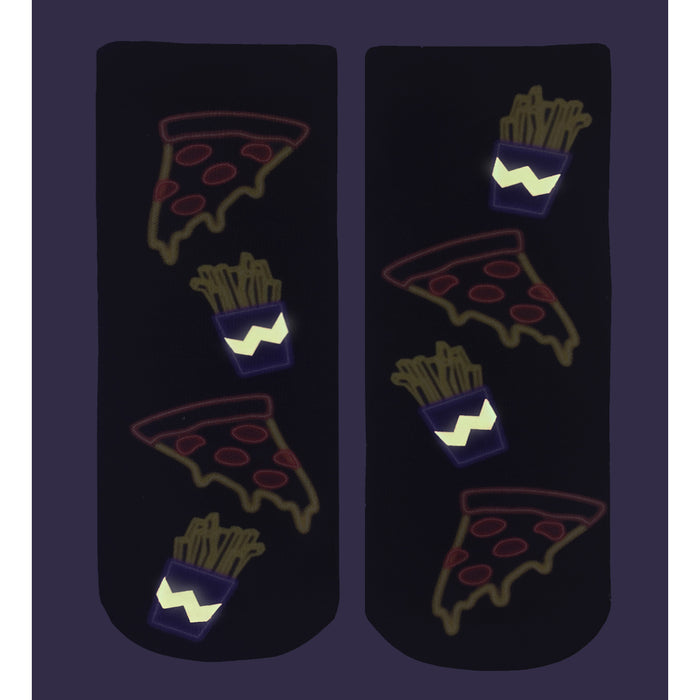 A pair of black socks with a pattern of pizza slices and french fries that glow in the dark.