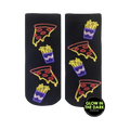 Pair of black ankle socks with a neon glow-in-the-dark design featuring pizza slices and french fries.