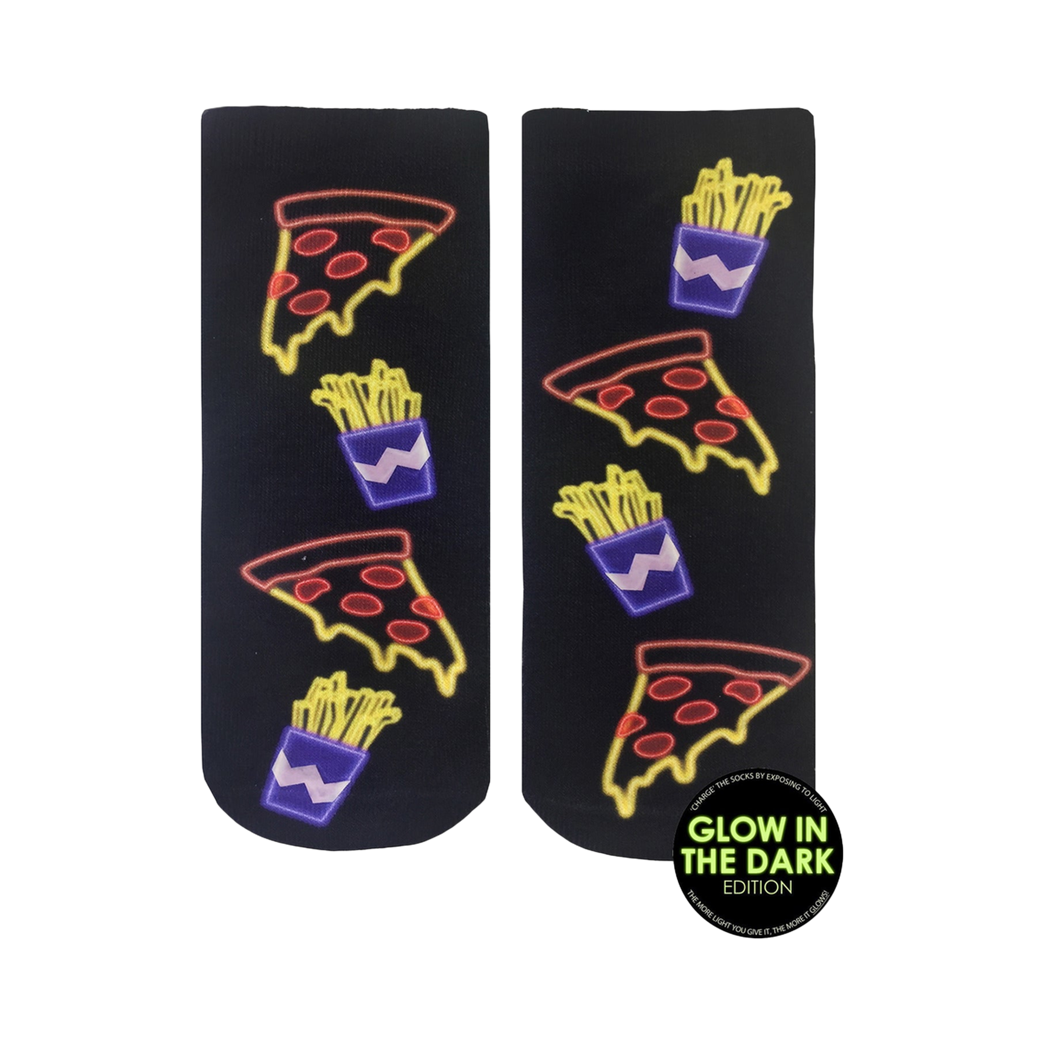 Pair of black ankle socks with a neon glow-in-the-dark design featuring pizza slices and french fries.