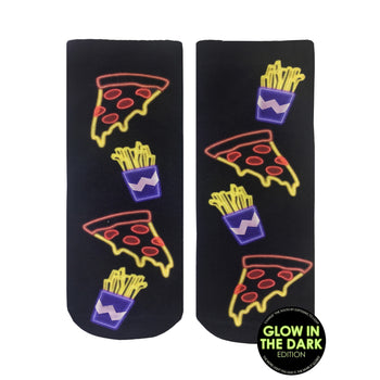 black ankle socks with glowing pattern of pizza slices and french fry containers for women  