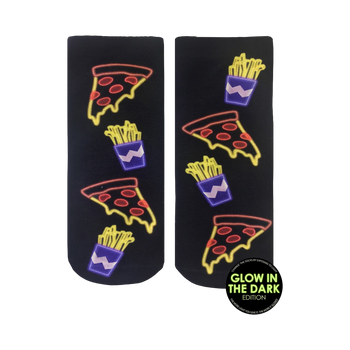 Pair of black ankle socks with a neon glow-in-the-dark design featuring pizza slices and french fries.