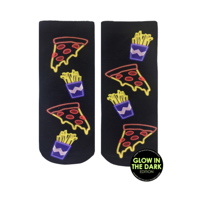 Pair of black ankle socks with a neon glow-in-the-dark design featuring pizza slices and french fries.