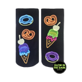 Pair of black ankle socks with neon glow-in-the-dark donuts, pretzels, and ice cream cones. 