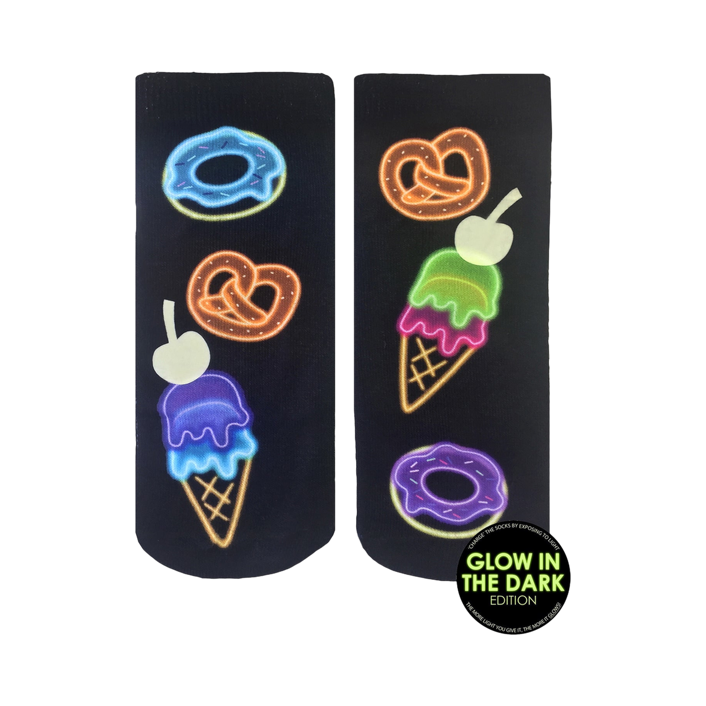 Pair of black ankle socks with neon glow-in-the-dark donuts, pretzels, and ice cream cones. 