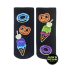 Pair of black ankle socks with neon glow-in-the-dark donuts, pretzels, and ice cream cones. 