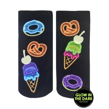 women's black ankle socks with glow-in-the-dark junk food pattern.  