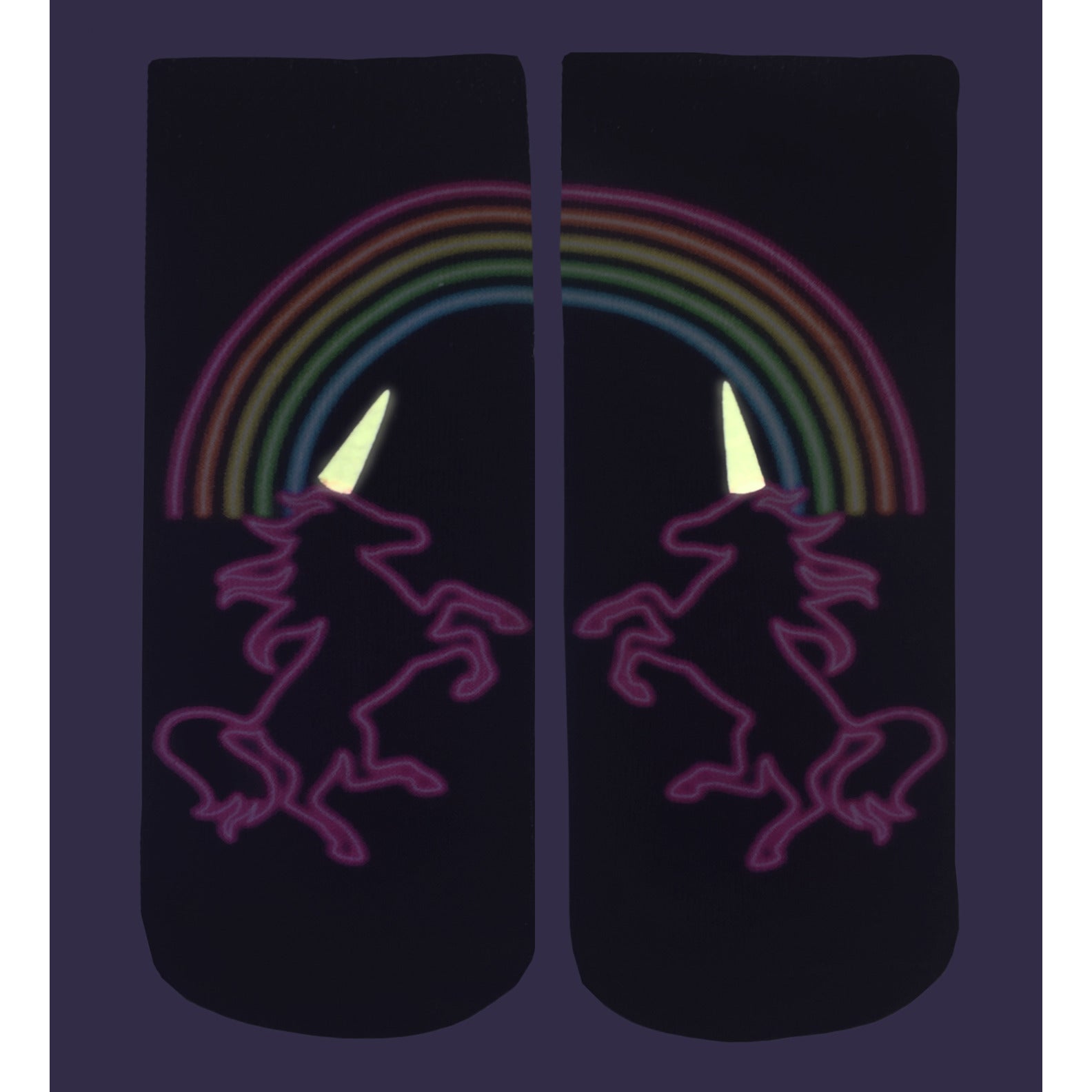 Close-up view of the Unicorn Life Glow socks showing the vibrant glow-in-the-dark details on a dark purple background. [lf]