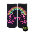 Pair of black ankle socks with a neon pink unicorn silhouette under a rainbow.  Glow-in-the-dark design.
