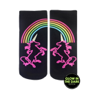 Pair of black ankle socks with a neon pink unicorn silhouette under a rainbow.  Glow-in-the-dark design.