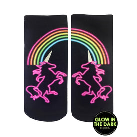 color your feet with a visual dream! unicorn life glow ankle black and multi-colored cotton womens' crew sock.  