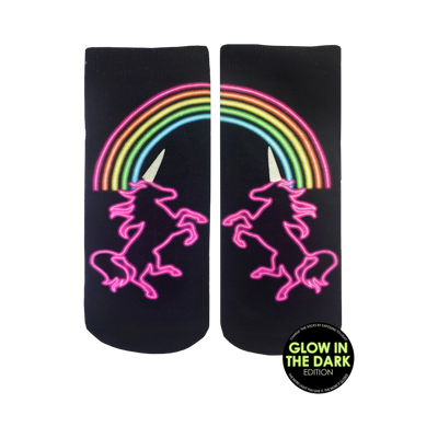 Pair of black ankle socks with a neon pink unicorn silhouette under a rainbow.  Glow-in-the-dark design.