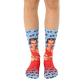 Crew socks featuring Arnold Schwarzenegger's image in red and blue, with dumbbell pattern. [lf]