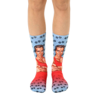 Crew socks featuring Arnold Schwarzenegger's image in red and blue, with dumbbell pattern. [lf]