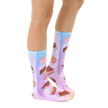 Lifestyle shot showcasing the Ice Cream Sandwich socks on a model's legs, highlighting their fit and fun design. [lf]