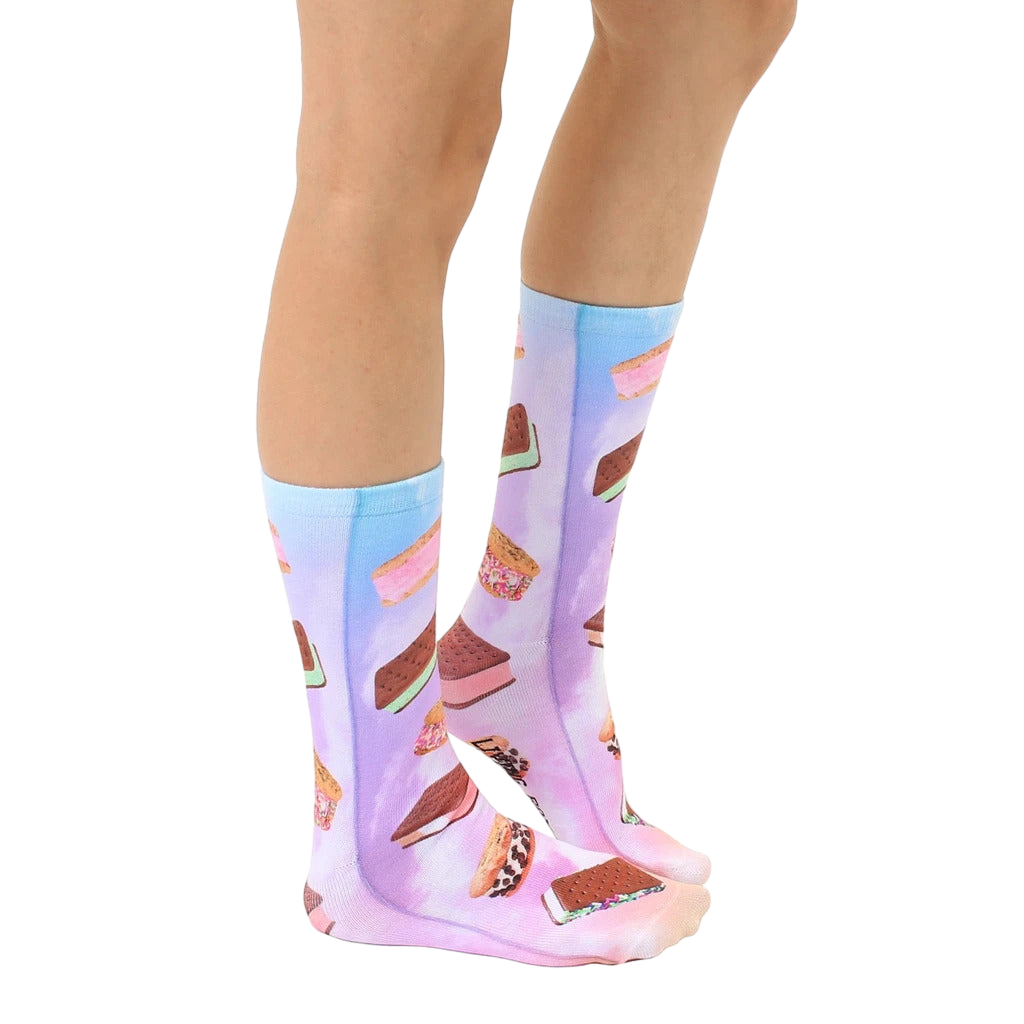 Lifestyle shot showcasing the Ice Cream Sandwich socks on a model's legs, highlighting their fit and fun design. [lf]