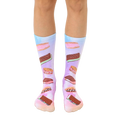 A pair of crew socks with a pastel tie-dye background and colorful ice cream sandwich prints. The socks are mainly pink, purple, and light blue. [lf]