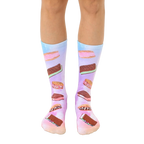 A pair of crew socks with a pastel tie-dye background and colorful ice cream sandwich prints. The socks are mainly pink, purple, and light blue. [lf]