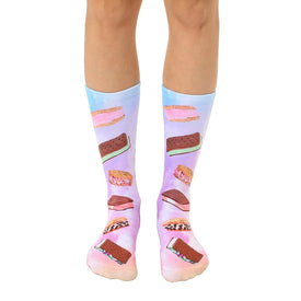 ice cream sandwich crew socks in pink, blue, and brown for men and women.  