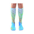 Pair of light blue knee-high socks with a detailed world map design.  The map features green and brown landmasses and blue oceans.