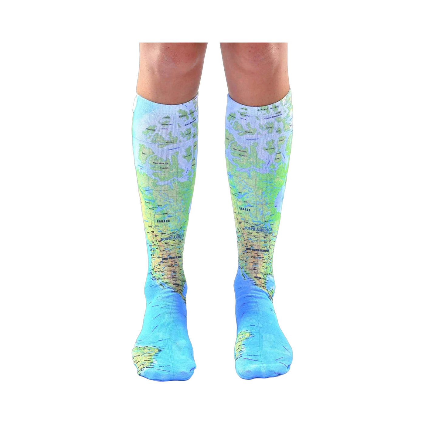 Pair of light blue knee-high socks with a detailed world map design.  The map features green and brown landmasses and blue oceans.