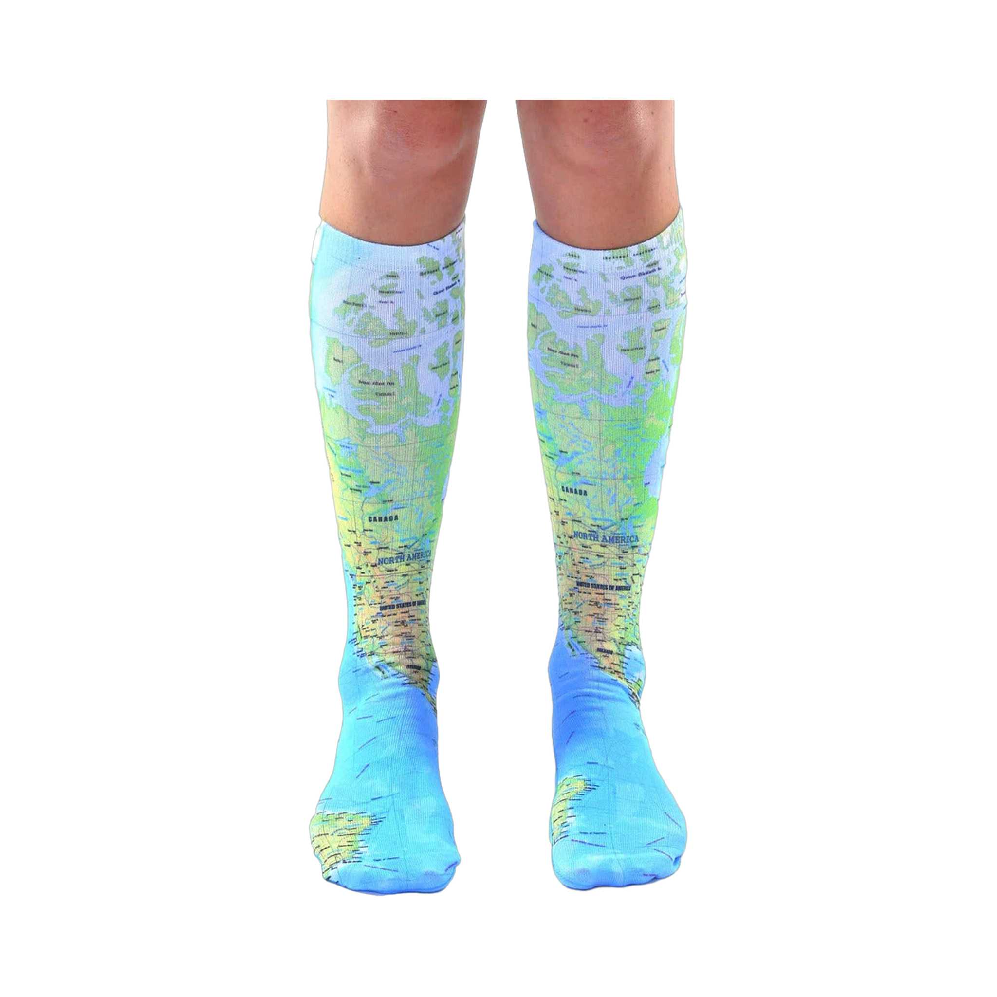 Pair of light blue knee-high socks with a detailed world map design.  The map features green and brown landmasses and blue oceans.