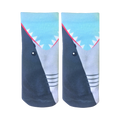 A pair of crew socks with a shark's-eye-view design. Mostly dark gray and light blue with white and red teeth details.