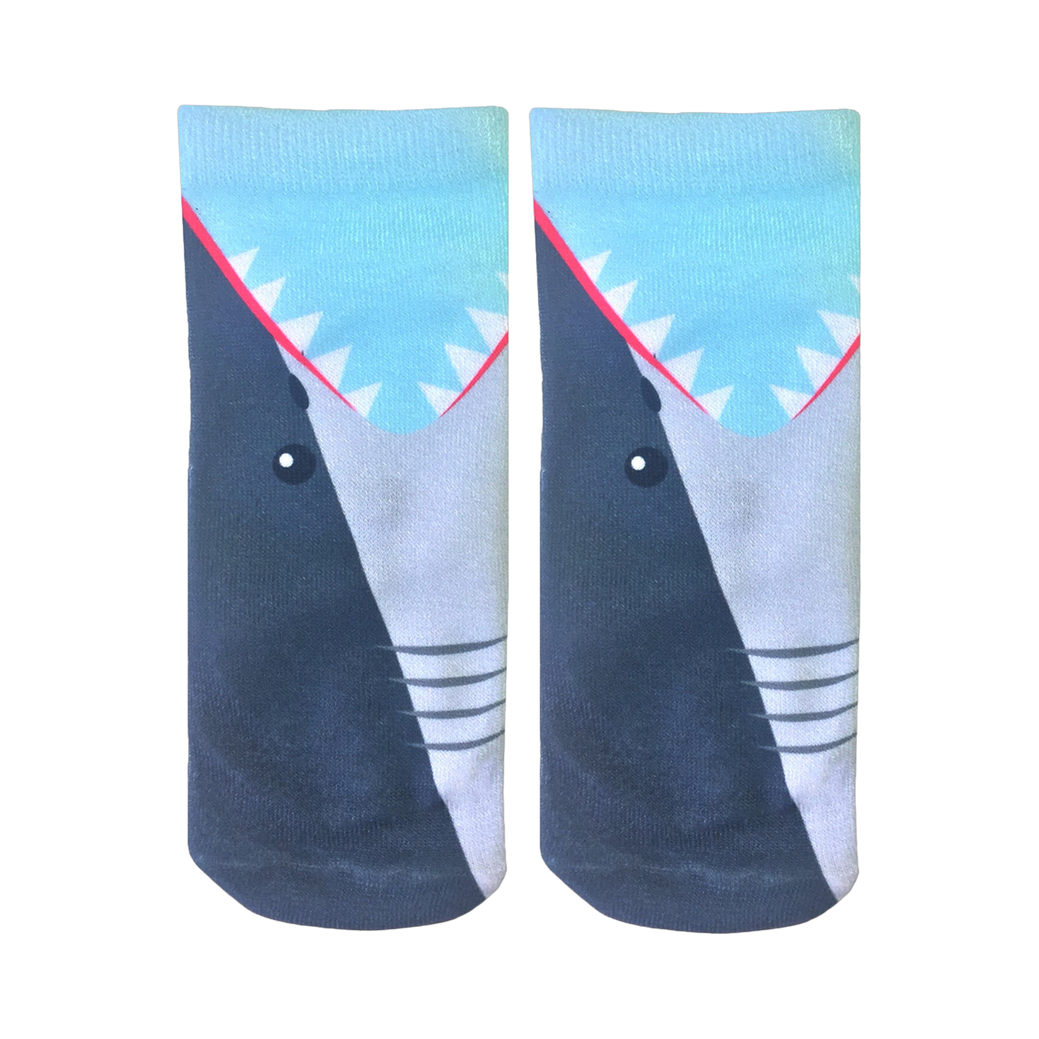 A pair of crew socks with a shark's-eye-view design. Mostly dark gray and light blue with white and red teeth details.