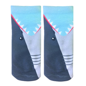 blue and gray shark bite patterned ankle socks for women featuring black eyes and pink gums.  