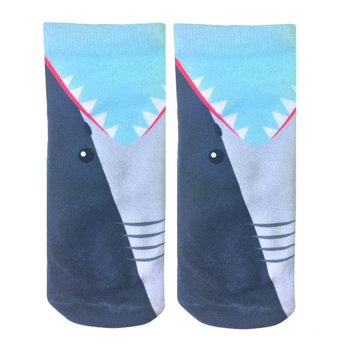 blue and gray shark bite patterned ankle socks for women featuring black eyes and pink gums.   }}
