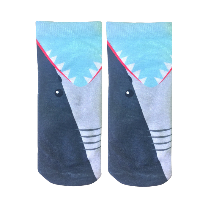A pair of crew socks with a shark's-eye-view design. Mostly dark gray and light blue with white and red teeth details. }}
