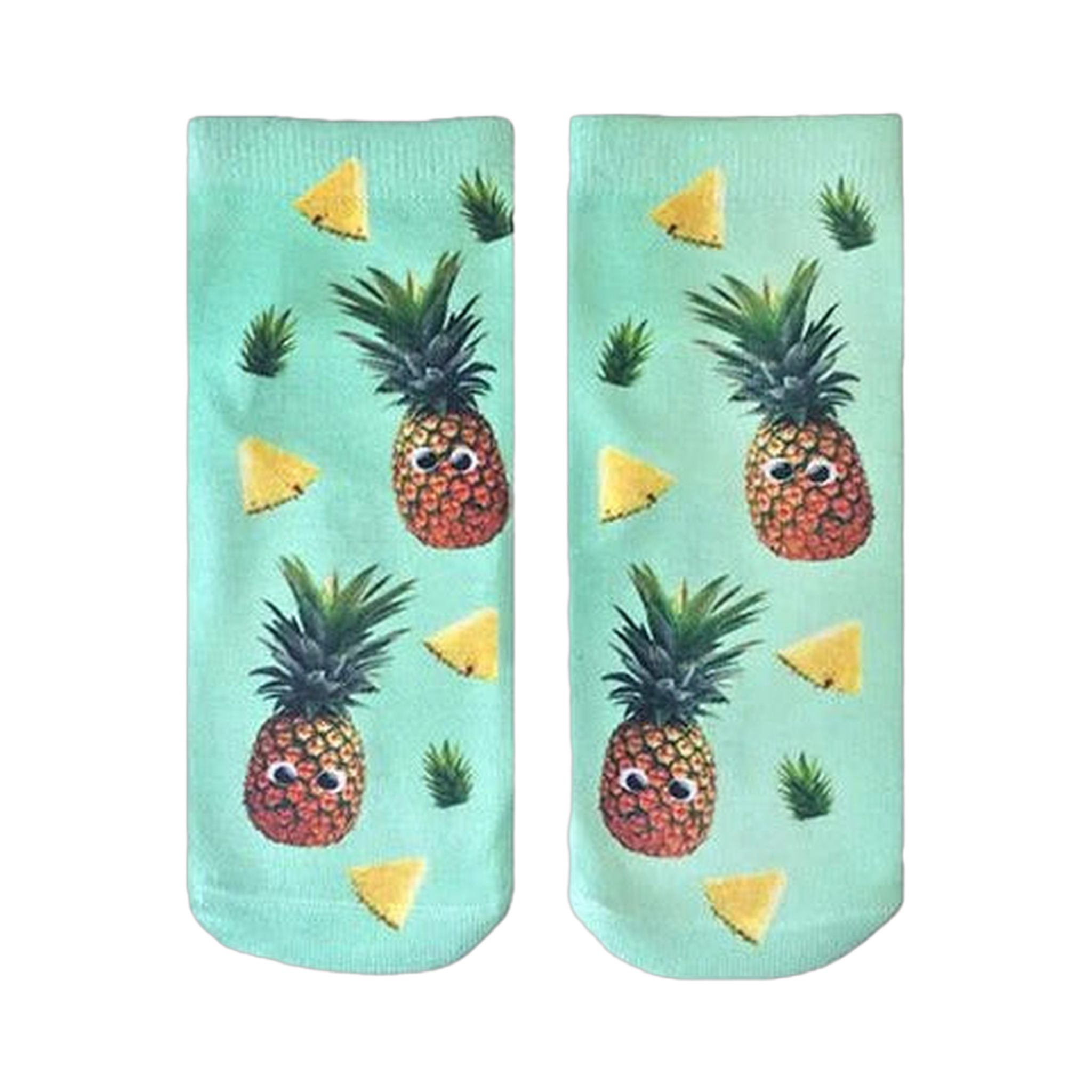 Pair of mint green ankle socks with a fun pattern of googly-eyed pineapples and pineapple slices.