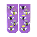 Pair of lavender ankle socks adorned with a repeating pattern of cartoon bees and glitter crowns. 