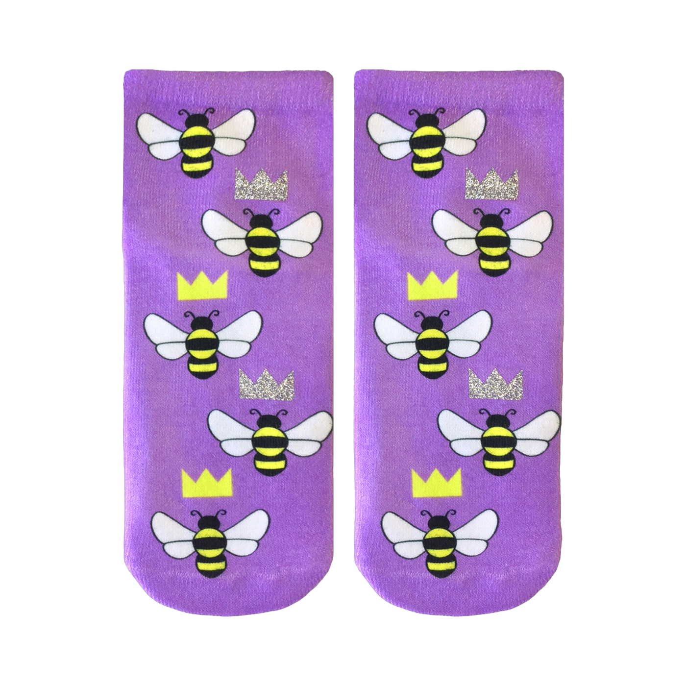 Pair of lavender ankle socks adorned with a repeating pattern of cartoon bees and glitter crowns. 