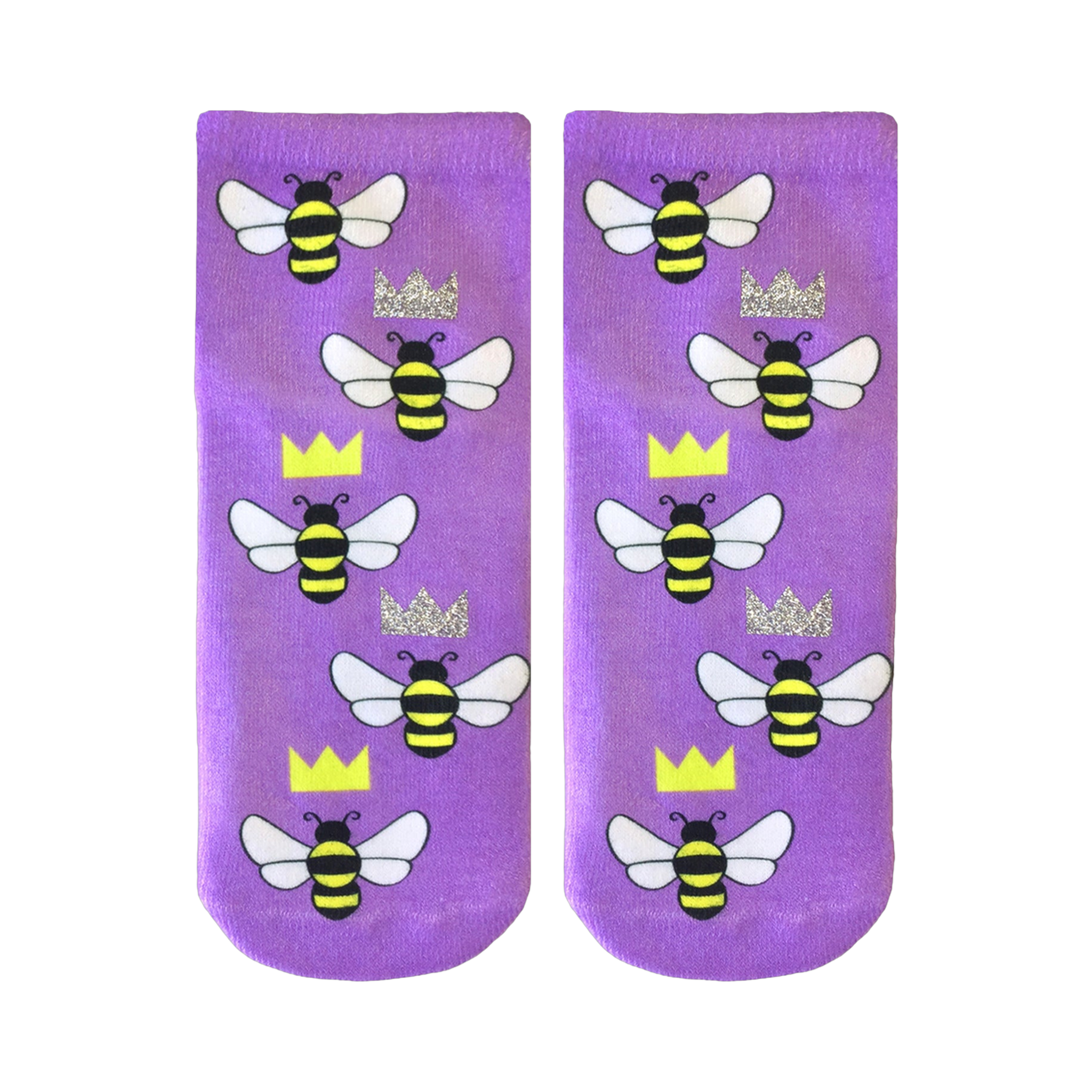 Pair of lavender ankle socks adorned with a repeating pattern of cartoon bees and glitter crowns. 