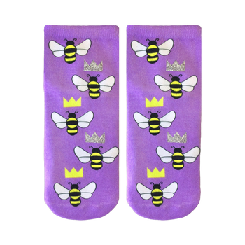 Pair of lavender ankle socks adorned with a repeating pattern of cartoon bees and glitter crowns. 