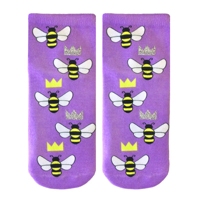 purple ankle socks with a pattern of cartoon bees and silver crowns  