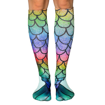 mermaid rainbow knee-high women's socks: immerse yourself in a kaleidoscope of colors reminiscent of a mermaid's tail.   