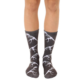t-rex fossil dinosaur themed mens & womens unisex grey novelty crew socks
