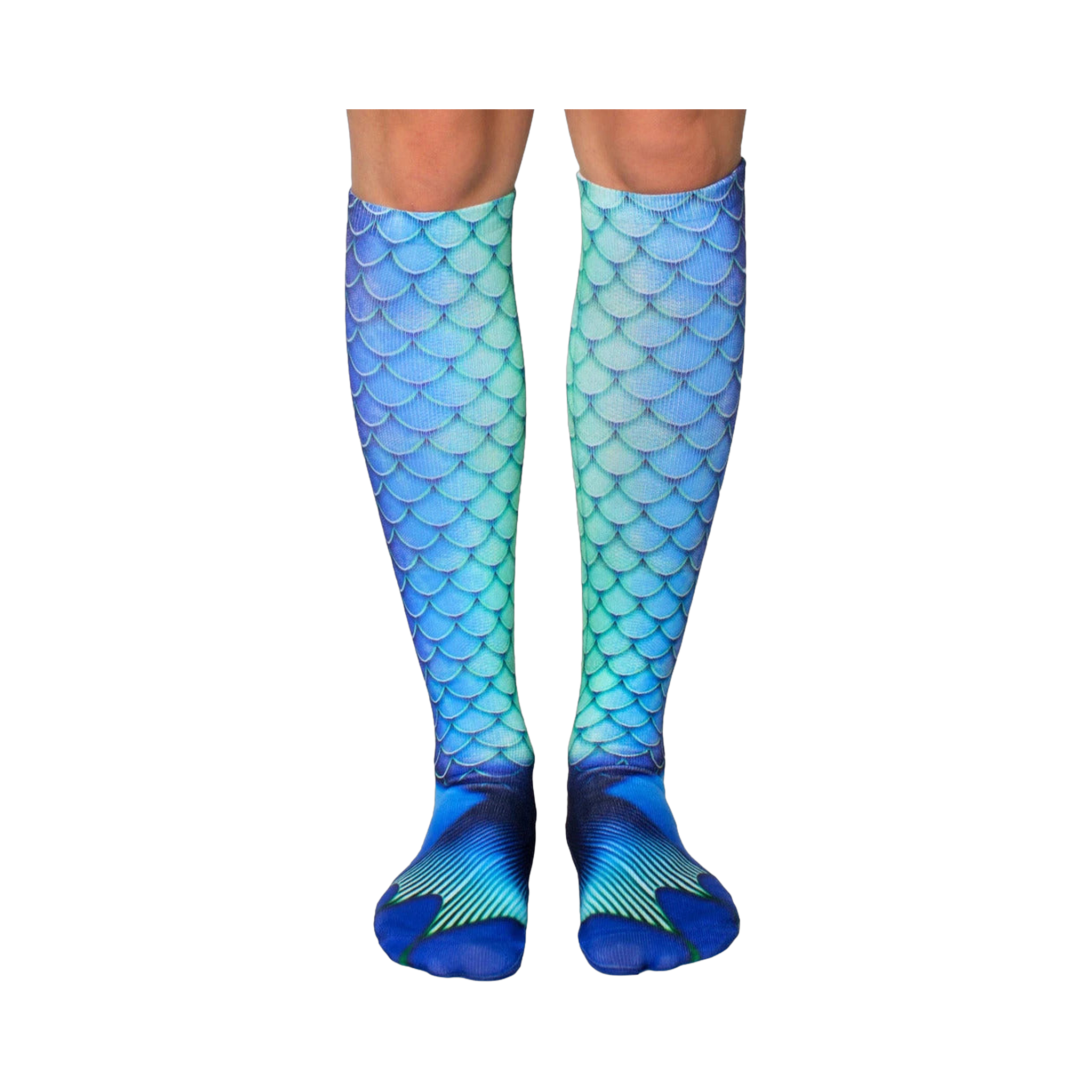 Pair of women's knee-high socks with a mermaid tail scale pattern in shades of blue and green.